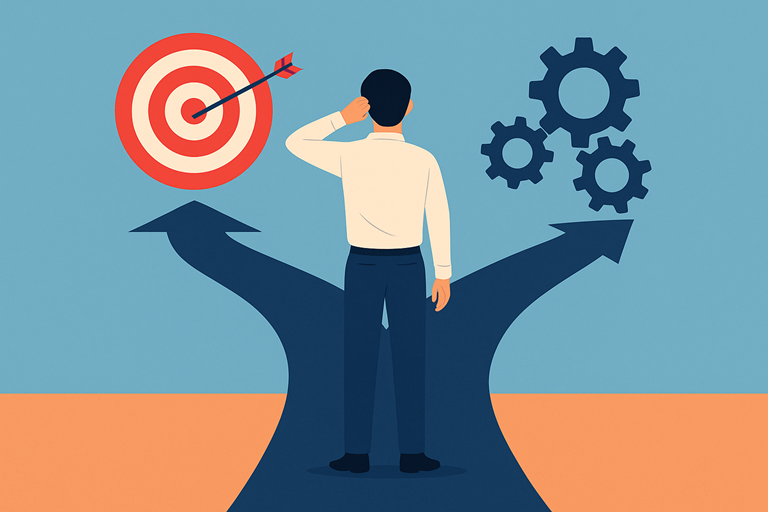 Illustration d’un homme face à un embranchement, symbolisant le choix stratégique entre performance visible (cible OKR) et efficacité structurelle (engrenages organisationnels).